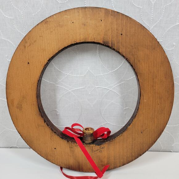 VINTAGE Wood Wreath 11" Brown Red‎ 3-D Accents Candle Holder Christmas Decor - Picture 2 of 16
